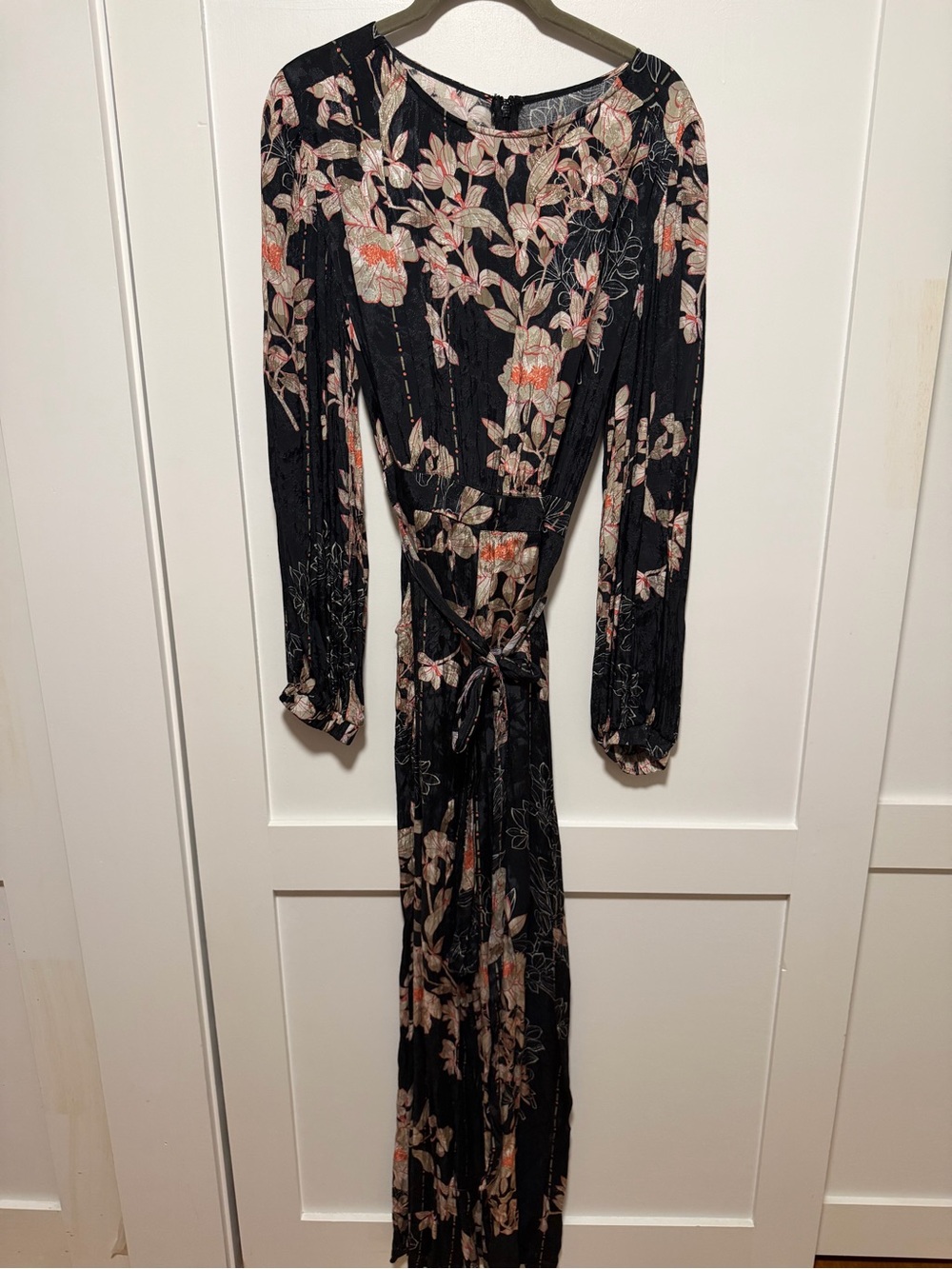 Black Floral Long-Sleeve Maxi Dress with Tie Waist Accent